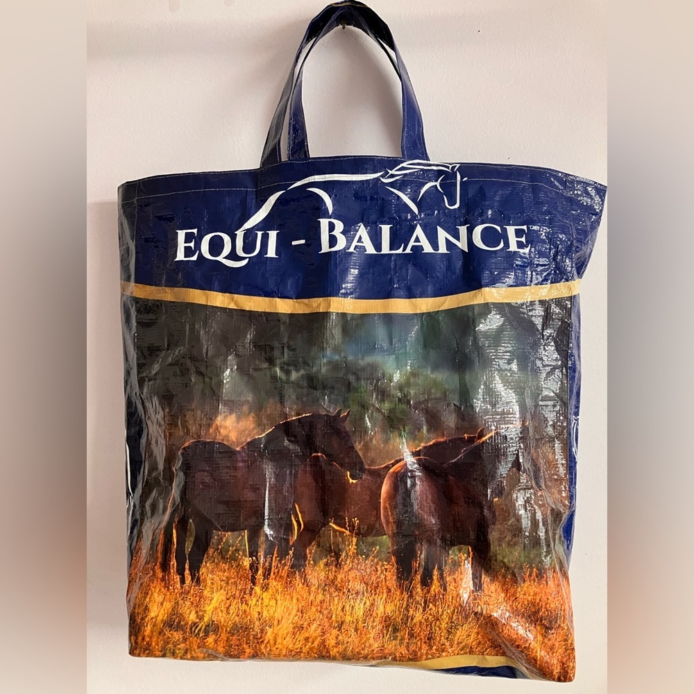 Animal Feed Sac Tote Bag, Horse Theme, Upcycled/Sustainable, Blue/Brown